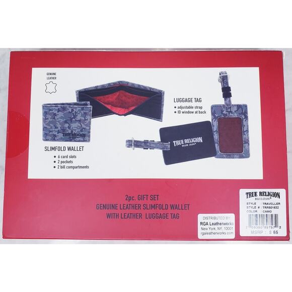 NIB True Religion 2pc. Genuine Leather Slimfold Wallet & Luggage Tag Gift Set - Picture 3 of 4